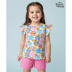 Babyhug Disney Single Jersey Knit Frill Sleeves Top and Shorts with Winnie the Pooh & Floral Print - Pink & Light Blue