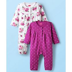 Babyhug 100% Cotton Knit Full Sleeves Rompers with Polka Dots & Floral Print Pack of 2 - Purple & White