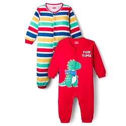 Babyhug 100% Cotton Interlock Knit Full Sleeves Romper with Stripe & Dino Print Pack of 2 - Red White Blue