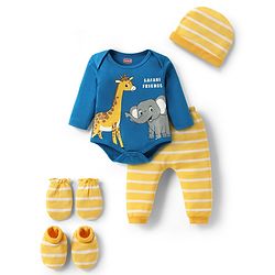 Babyhug 100% Cotton Full Sleeves Animal Printed Onesies With Striped Leggings Cap Mittens & Booties Set -