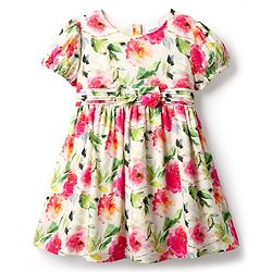 Babyhug Cotton Woven Half Sleeves Frock With Floral Print & Bow Applique - Pink