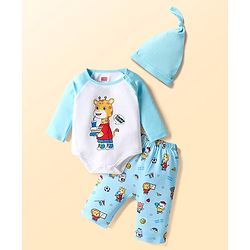 Babyhug 100% Cotton Knit Full Raglan Sleeves Onesies with Leggings & Cap With Teddy Print - Light Blue & White