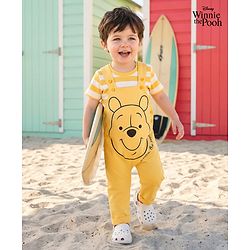 Babyhug Disney Cotton Knit Half Sleeves Striped Tee & Dungaree With Winnie The Pooh Graphics - Yellow
