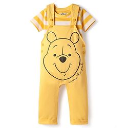 Babyhug Disney Cotton Knit Half Sleeves Striped Tee & Dungaree With Winnie The Pooh Graphics - Yellow