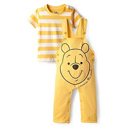 Babyhug Disney Cotton Knit Half Sleeves Striped Tee & Dungaree With Winnie The Pooh Graphics - Yellow