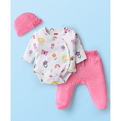 Babyhug 100% Cotton Knit Full Sleeves Onesies with Bootie Leggings & Cap With Floral & Butterfly Print - Pink