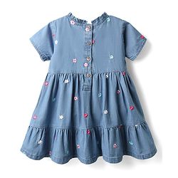 Babyhug 100% Cotton Half Sleeves Floral Embroidered Tiered Frock With Frill Detailing - Blue