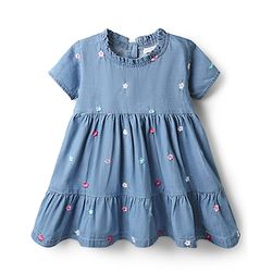 Babyhug 100% Cotton Half Sleeves Floral Embroidered Tiered Frock With Frill Detailing - Blue
