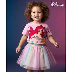 Babyhug Disney Single Jersey Knit Half Drop Shoulder Sleeves Top & Skirt Set With Disney Princess Graphics - Pink