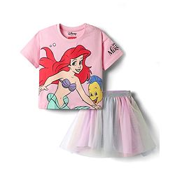 Babyhug Disney Single Jersey Knit Half Drop Shoulder Sleeves Top & Skirt Set With Disney Princess Graphics - Pink