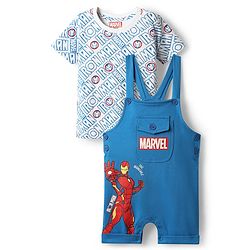 Babyhug Marvel Single Jersey Knit Dungaree with Half Sleeves Inner Tee Iron Man Graphics - Blue