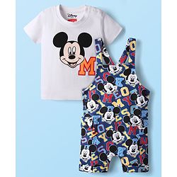 Babyhug Disney Single Jersey Knit Dungaree with Half Sleeves Inner Tee & Mickey Mouse Graphics - Navy Blue & White