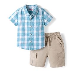 Babyhug Cotton Knit Half Sleeves Shirt and Shorts Sets with Checks - Light Blue & Grey