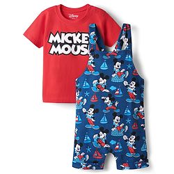 Babyhug Disney Single Jersey Knit Dungaree with Half Sleeves Inner Tee & Mickey Mouse Graphics - Navy Blue & Red
