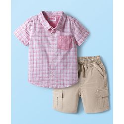 Babyhug Cotton Woven Half Sleeves Checked Shirt & Shorts Set - Pink & Beige
