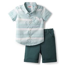 Babyhug Cotton Woven Half Sleeves Striped Shirt & Shorts Set - Teal Blue