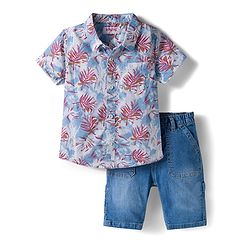 Babyhug Cotton Woven Half Sleeves Tropical Theme Printed Shirt & Denim Shorts Set - White & Blue