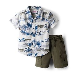 Babyhug Cotton Woven Half Sleeves Shirt & Shorts Set With Tropical Theme Print - White & Green