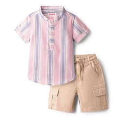 Babyhug Cotton Woven Half Sleeves Striped Shirt & Shorts Set - Beige