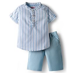 Babyhug Cotton Knit Half Sleeves Shirt and Shorts Sets with  Stripes - Light Blue & White