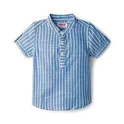 Babyhug Cotton Woven Half Sleeves Mandarin Collar Shirt & Denim Shorts Set With Stripes - Blue