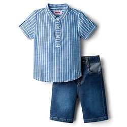 Babyhug Cotton Woven Half Sleeves Mandarin Collar Shirt & Denim Shorts Set With Stripes - Blue