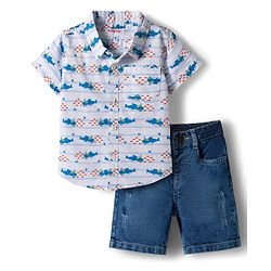 Babyhug Cotton Woven Half Sleeves Shirt & Denim Shorts Set with Sea Life Print - Blue & White