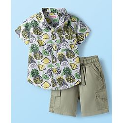 Babyhug Cotton Knit Half Sleeves Shirt and Shorts Sets with Tropical Print - Olive Green & White