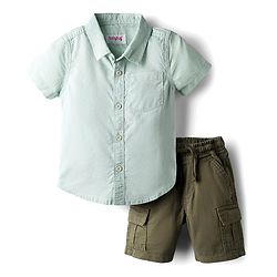 Babyhug Cotton Knit Solid Color Half Sleeves Shirt  & Shorts Set - Mint & Olive Green