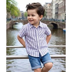 Babyhug Cotton Woven Half Sleeves Shirt & Shorts Set With Stripes - Blue & White