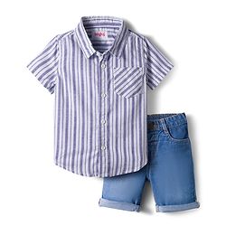 Babyhug Cotton Woven Half Sleeves Shirt & Shorts Set With Stripes - Blue & White