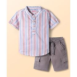 Babyhug Cotton Woven Half Sleeves Front Buttons Mandarin Collar Shirt and Shorts Set with Stripes - White & Grey