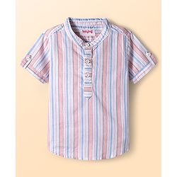 Babyhug Cotton Woven Half Sleeves Front Buttons Mandarin Collar Shirt and Shorts Set with Stripes - White & Grey