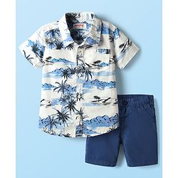 Babyhug Cotton Woven Half Sleeves Shirt & Shorts Set With Tropical Theme Print - White & Blue