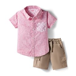 Babyhug Cotton Woven Half Sleeves Shirt & Shorts Set With Stripes - Pink