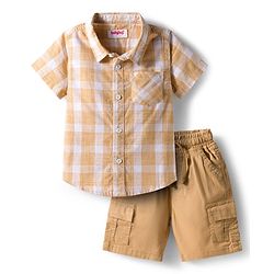 Babyhug Cotton Woven Half Sleeves Shirt and Short With Pockets & Checks - White & Yellow