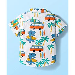 Babyhug Cotton Woven Half Sleeves Shirt & Short Set With Vehicle Print - White & Blue