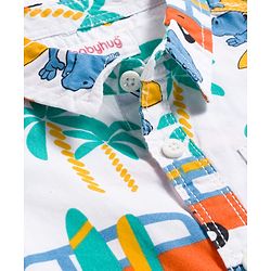 Babyhug Cotton Woven Half Sleeves Shirt & Short Set With Vehicle Print - White & Blue