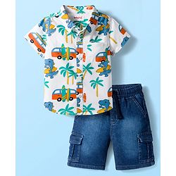 Babyhug Cotton Woven Half Sleeves Shirt & Short Set With Vehicle Print - White & Blue