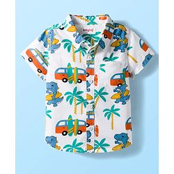 Babyhug Cotton Woven Half Sleeves Shirt & Short Set With Vehicle Print - White & Blue
