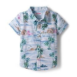 Babyhug Cotton Woven Half Sleeves Shirt and Shorts Set with Beach Theme Print - Navy Blue & White