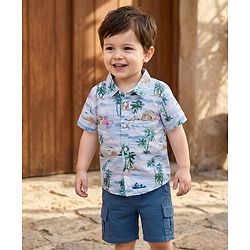Babyhug Cotton Woven Half Sleeves Shirt and Shorts Set with Beach Theme Print - Navy Blue & White