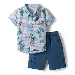 Babyhug Cotton Woven Half Sleeves Shirt and Shorts Set with Beach Theme Print - Navy Blue & White