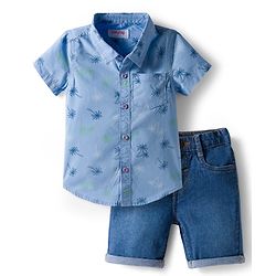 Babyhug Cotton Knit Half Sleeves Shirt and Shorts Sets with Coconut Tree Print  - Light Blue & Blue