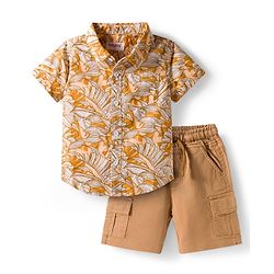 Babyhug Cotton Woven Half Sleeves Shirt & Shorts Set With Leaf Print - Orange & Brown