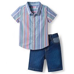 Babyhug Cotton Woven Half Sleeves Striped Shirt & Shorts Set - Blue