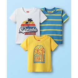 Babyhug 100% Cotton Knit Half Sleeves T-Shirts with Beach Theme Print & Stripes Pack of 3 - White Blue & Yellow
