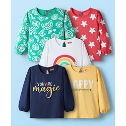Babyhug 100% Cotton Knit Full Sleeves T-Shirt with Star & You Are Magic Text Print Pack of 5 - Light Green & Navy Blue