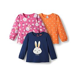 Babyhug 100% Cotton Knit Full Sleeves T-Shirts with Bunny & Polka Dots Print Pack of 3 - Navy Blue Pink & Orange