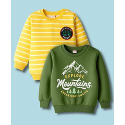 Babyhug Cotton Knit Full Sleeves Striped Sweatshirts with Mountain Graphic Pack of 2 - Yellow & Green